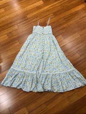 Ina Blue & White Cottage  Floral Smocked Maxi Dress Small